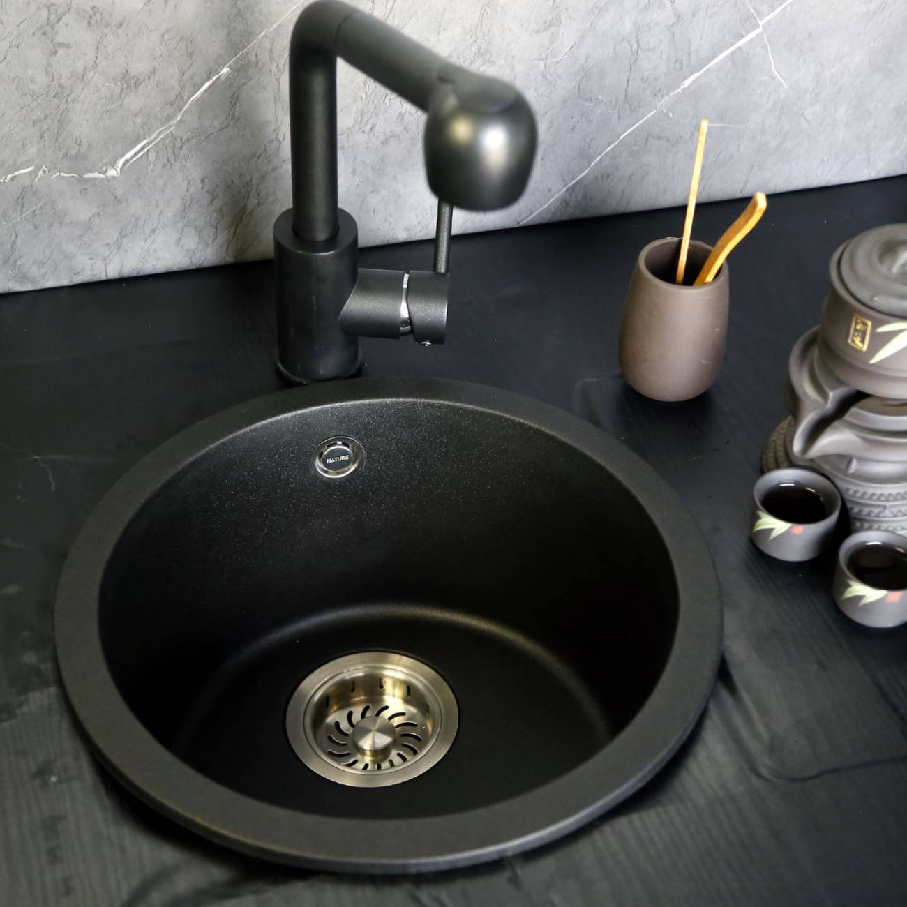 水鹿-厨房－水槽－水鹿石英石小号吧台圆槽-圆圆（适用于台上台下盆，无法安装台中）